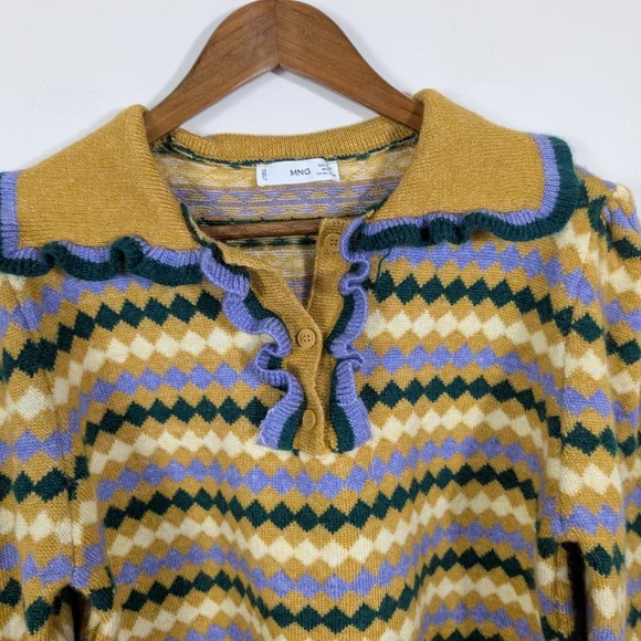 Mango Retro Stripes Acrylic Knit With Collar Ruffle Detail Pullover Sweater NWOT - Picture 3 of 11